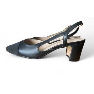 Black Leather Slingback Block Heel Pumps Square Toe Size 8.5 Classic